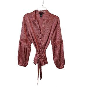 Antilia Femme Womens Size 1X Button Front Blouse Red White Houndstooth Smocked